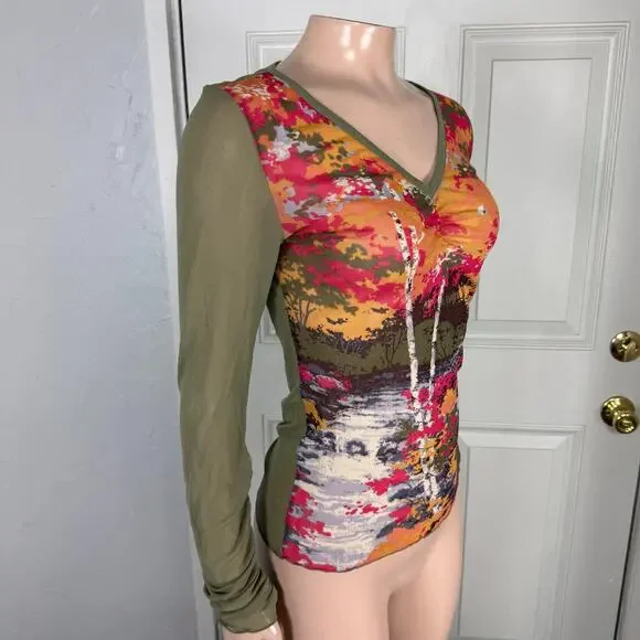 Vintage y2K DKNY Women's Shirt Small Long sleeve Floral Printed V neck Sheer QQ2 - Picture 4 of 5